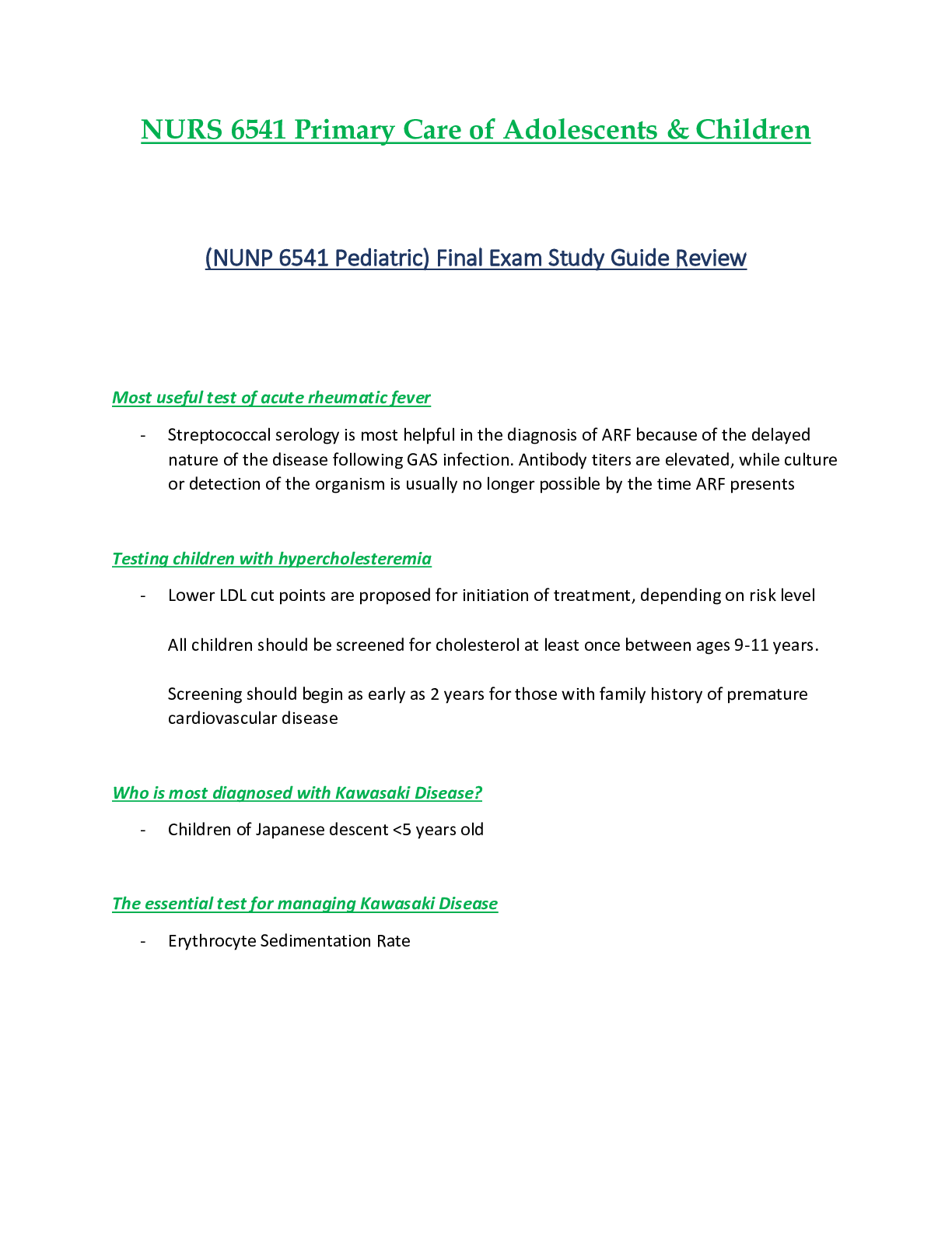 Preview of NUNP 6541 / NURS6541 / NURS 6541: Final Exam Study Guide Review: (Latest) Primary Care of
